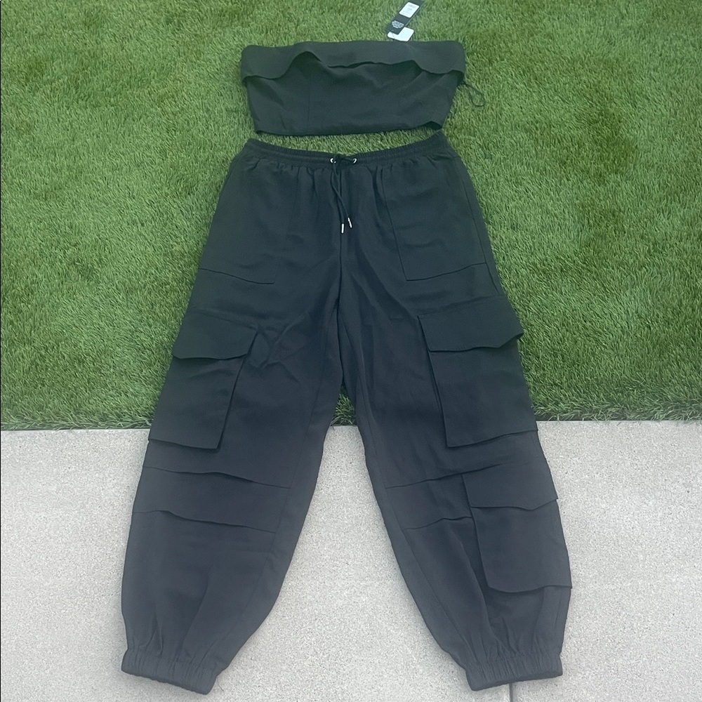 Fashion Nova Black Cargo Joggers pant and top set